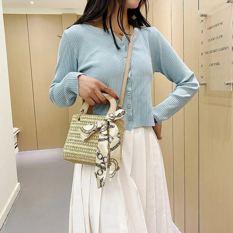 Straw Shoulder Bags Ladies Handbags Leather Handle Cross Body Beach Bags