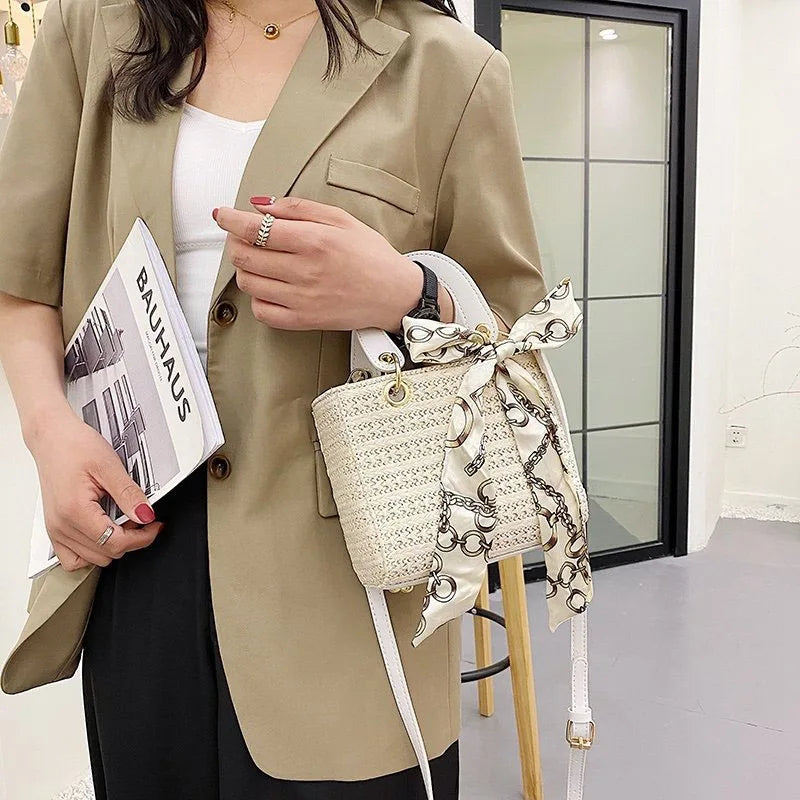 Straw Shoulder Bags Ladies Handbags Leather Handle Cross Body Beach Bags