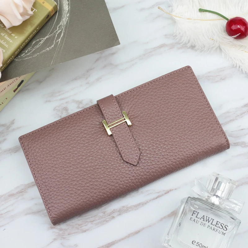 High Long Ladies Leather Clutch Purse in First Layer Cowhide