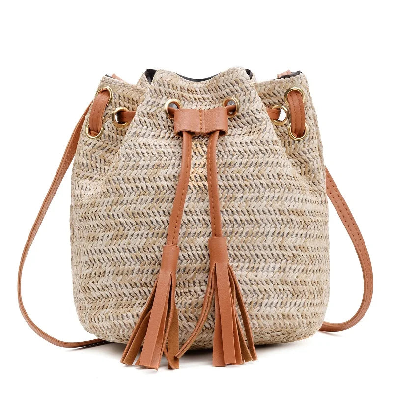 Double Tassel Bucket Bag Straw Crossbody