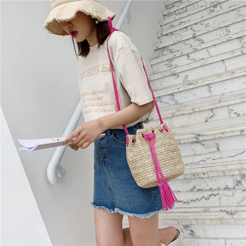 Double Tassel Bucket Bag Straw Crossbody