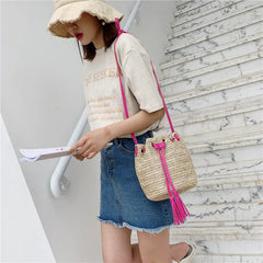 Double Tassel Bucket Bag Straw Crossbody