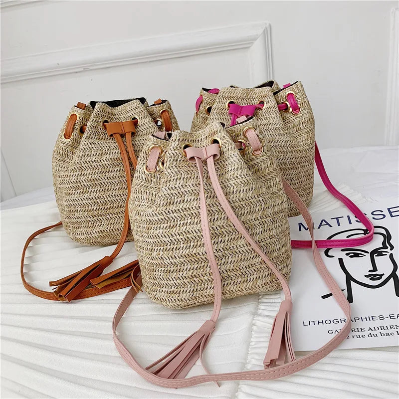 Double Tassel Bucket Bag Straw Crossbody