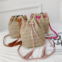 Double Tassel Bucket Bag Straw Crossbody