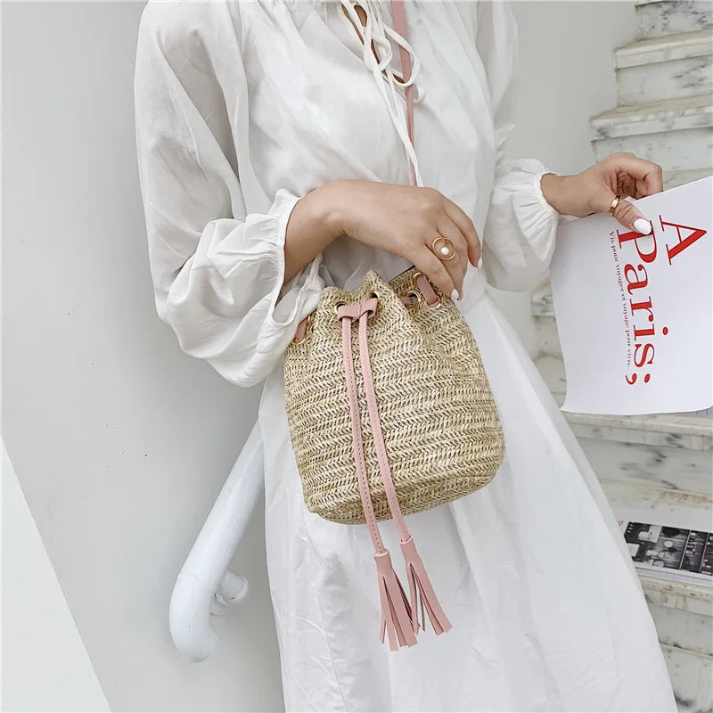 Double Tassel Bucket Bag Straw Crossbody