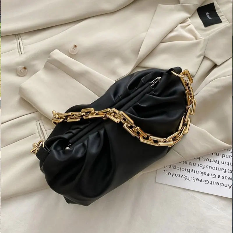 Women Leather Handbag Metal Chain Clutch Bag Shoulder Bag