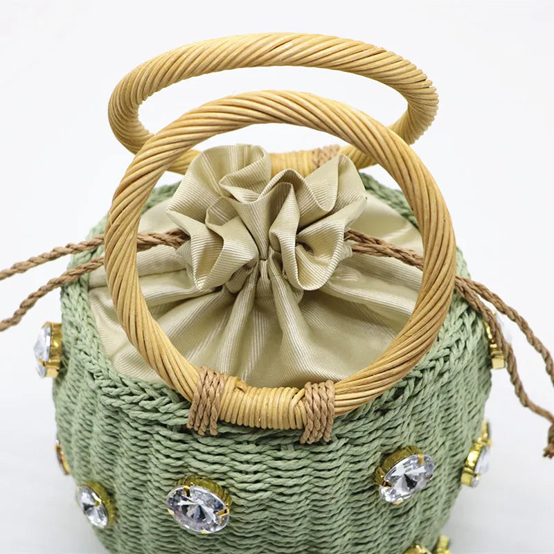 Rhinestone Crystal Straw Bucket Bag Handbag