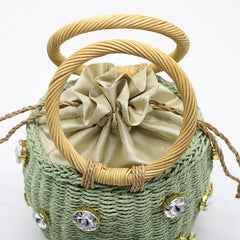 Rhinestone Crystal Straw Bucket Bag Handbag