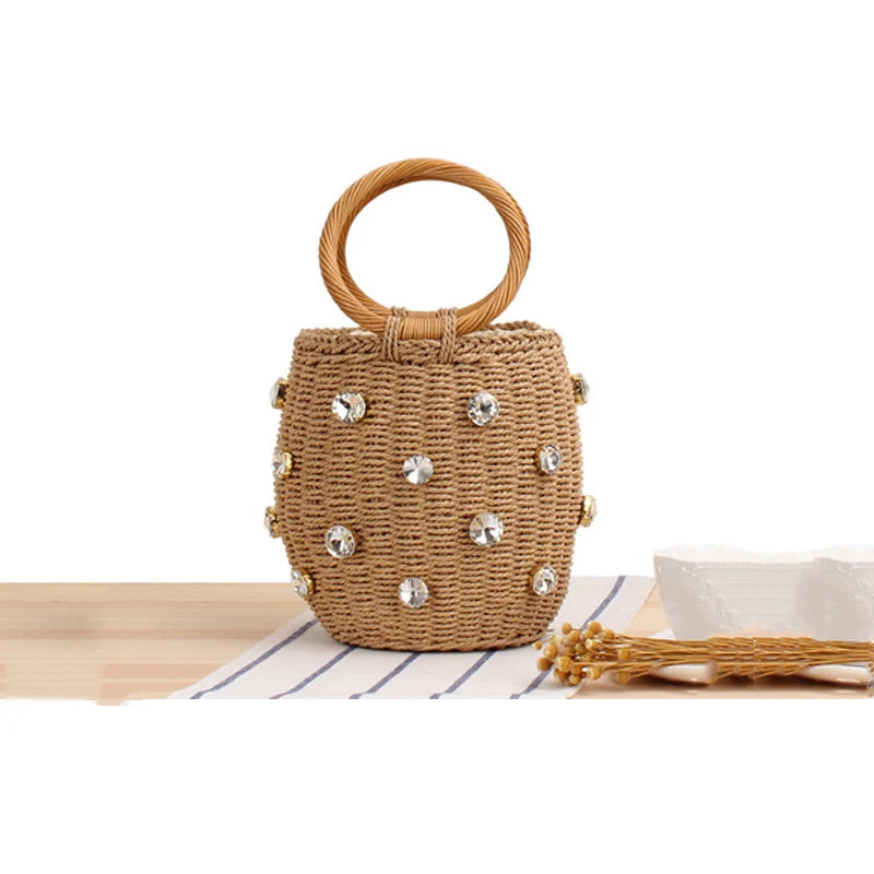 Rhinestone Crystal Straw Bucket Bag Handbag