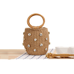 Rhinestone Crystal Straw Bucket Bag Handbag