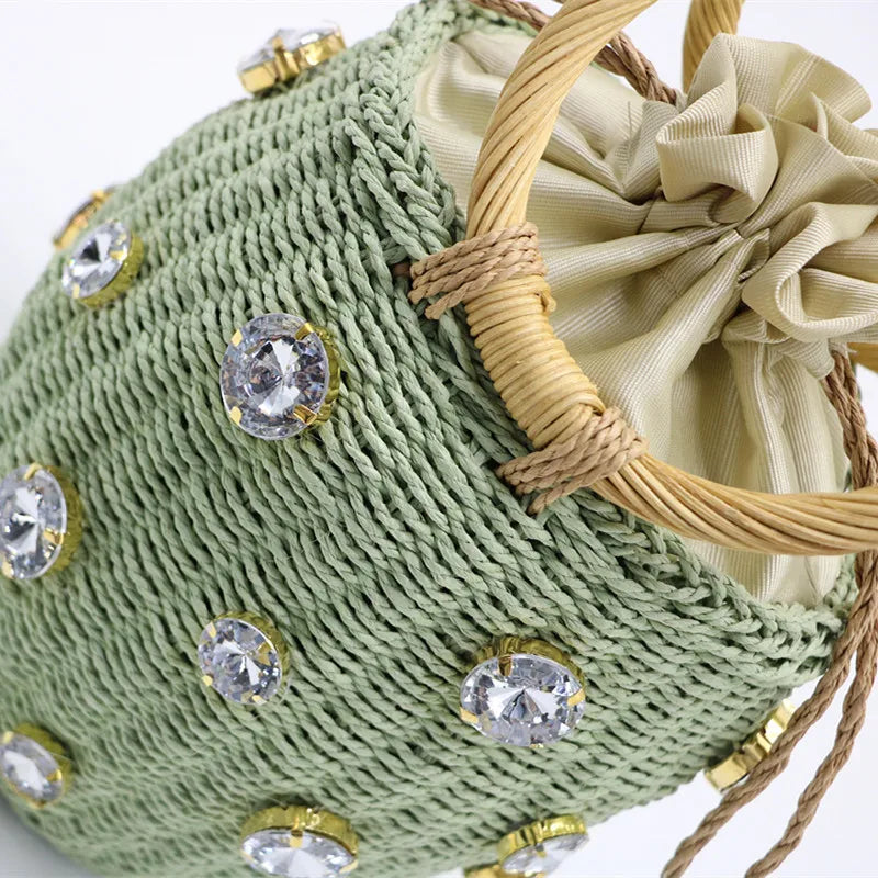 Rhinestone Crystal Straw Bucket Bag Handbag