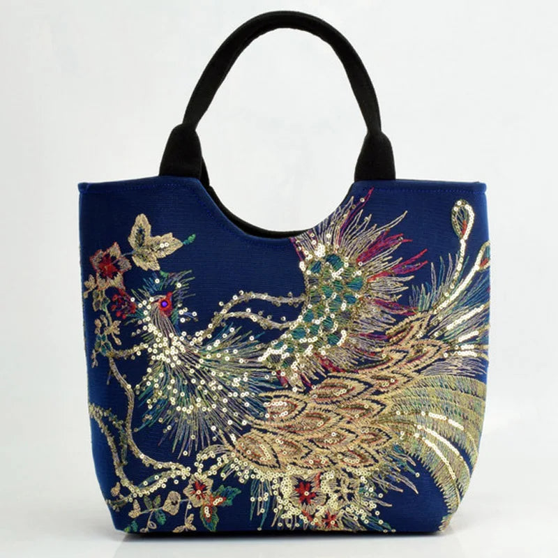Sequins Peacock Embroidered Women Canvas Totes Bag String Handbag