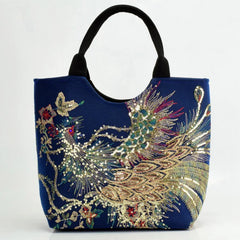 Sequins Peacock Embroidered Women Canvas Totes Bag String Handbag