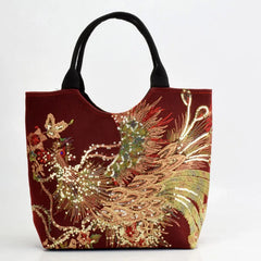 Sequins Peacock Embroidered Women Canvas Totes Bag String Handbag