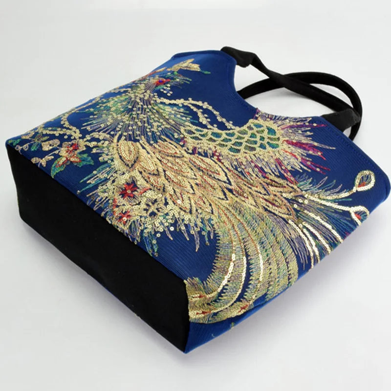 Sequins Peacock Embroidered Women Canvas Totes Bag String Handbag