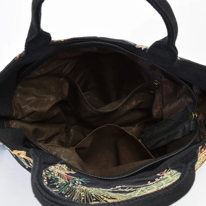 Sequins Peacock Embroidered Women Canvas Totes Bag String Handbag