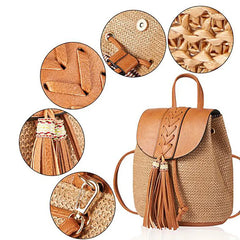 Straw Backpack Bucket Bag Tassel Shoulder Women's Bag