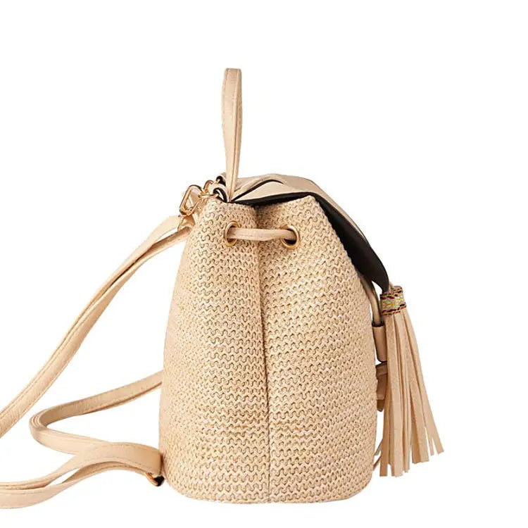 Straw Backpack Bucket Bag Tassel Shoulder Women's Bag
