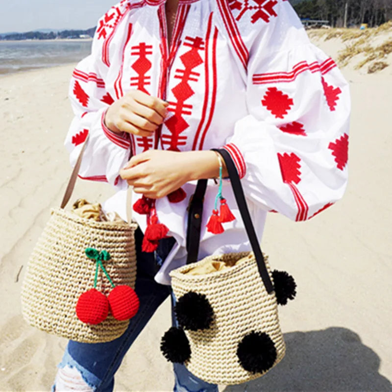 Round Straw Tote Handbag for Women