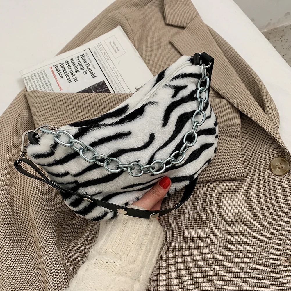 Winter Cow Print Plush Shoulder Bag for Women Crossbody Warm Fur Fluffy Bag