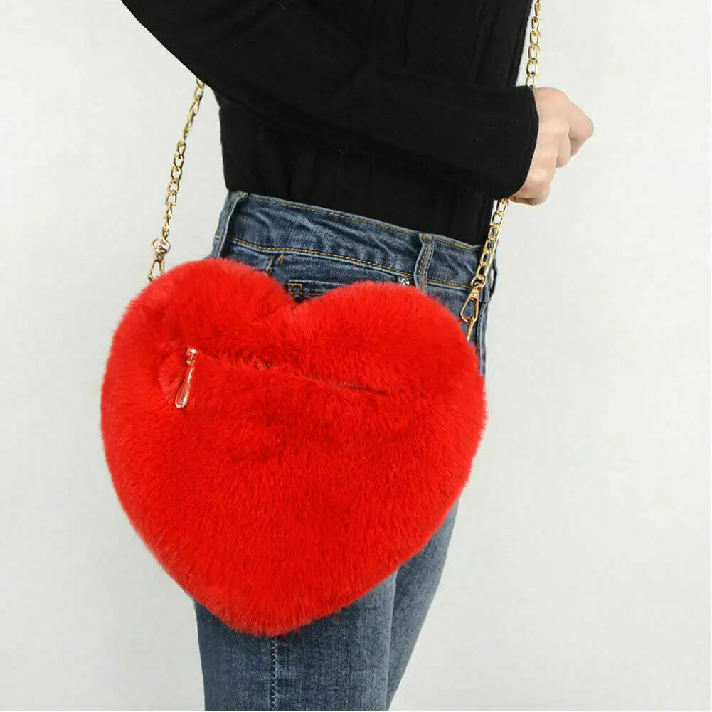 Heart Shaped Chain Messenger Bag Plush Love Shoulder Crossbody Gift