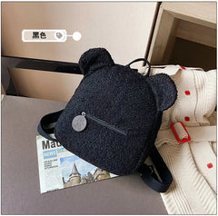 Bear Ear Fleece Small Backpack Casual Lambswool Daypack Shoulder Bag