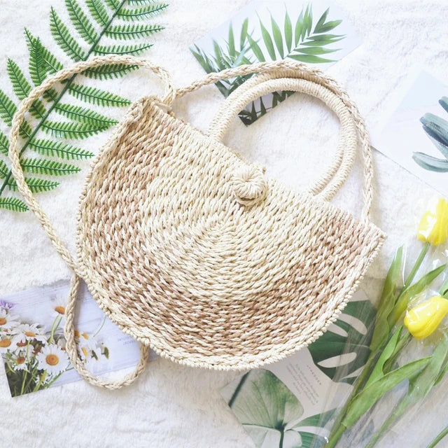 Women Straw Bag Round Woven Shoulder Beach Cross Body Bags