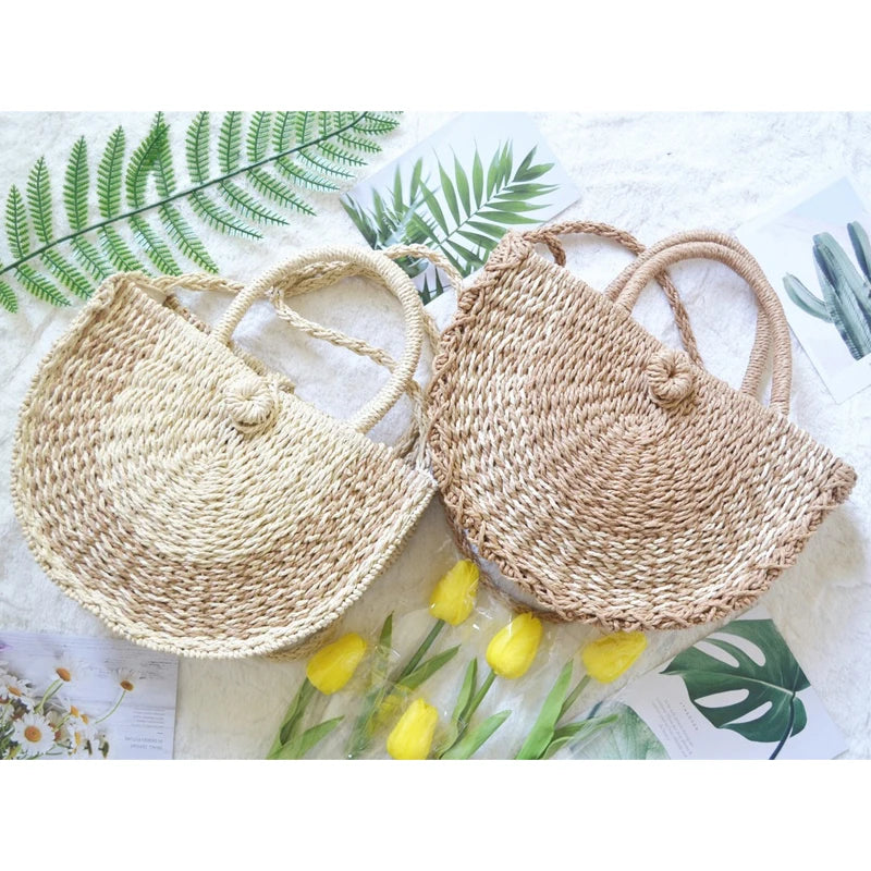 Women Straw Bag Round Woven Shoulder Beach Cross Body Bags