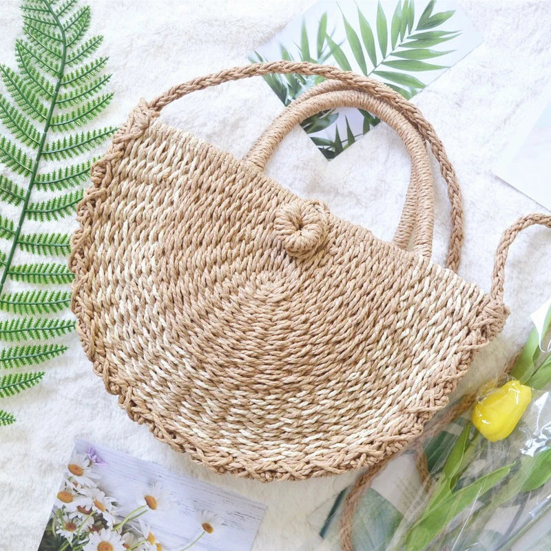 Women Straw Bag Round Woven Shoulder Beach Cross Body Bags