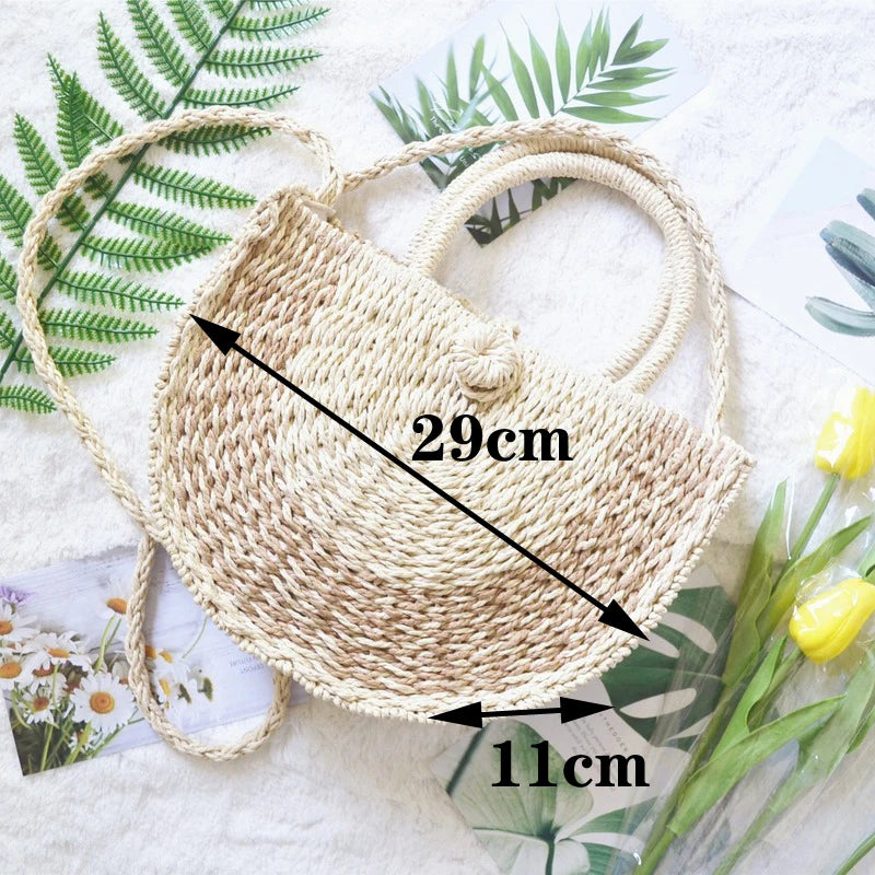 Women Straw Bag Round Woven Shoulder Beach Cross Body Bags