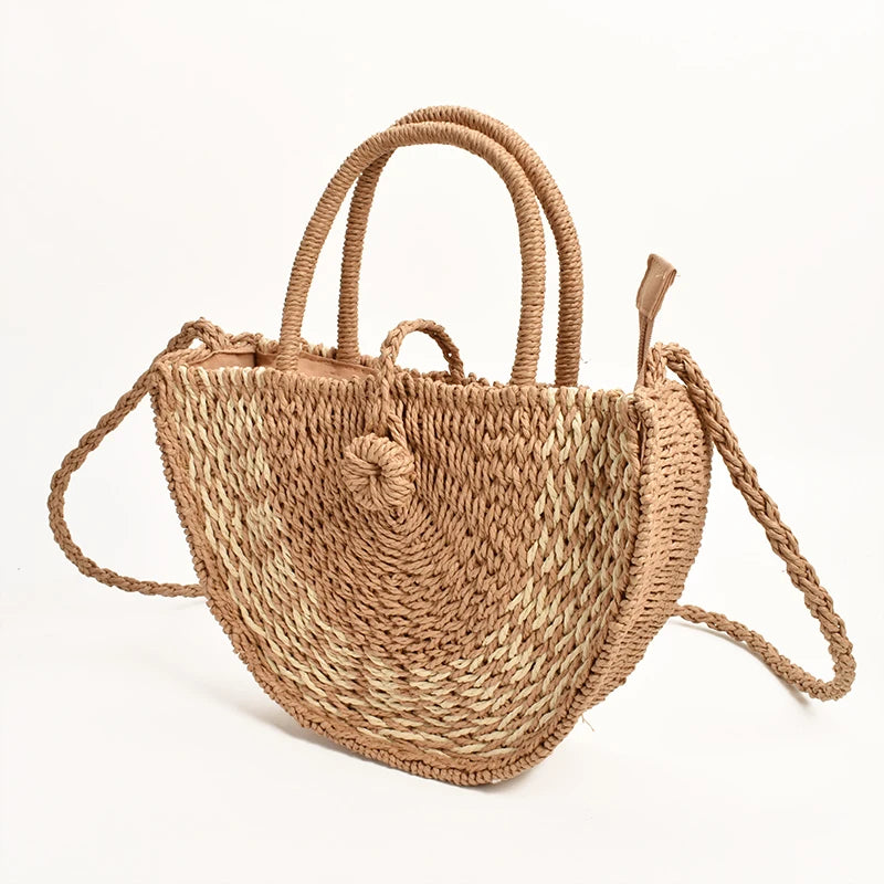 Women Straw Bag Round Woven Shoulder Beach Cross Body Bags