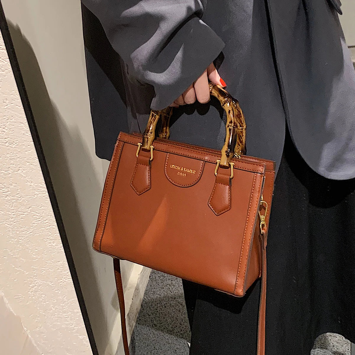 Women's Bamboo Handbags Top Leather Shoulder Bags Messenger Bag