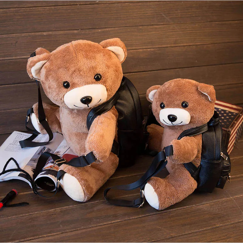 Plush Bear Backpack PU Leather Women/Girls Backpack Plush Teddy Bear Backpack