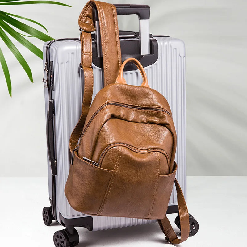 Oil Skin Backpack Girls Four Seasons Backpack Women's Bag Light Retro