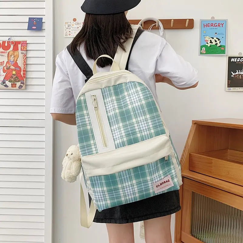 Plaid Nylon Backpack Large Capacity School Bag Female Anti Theft Bookbag Soft