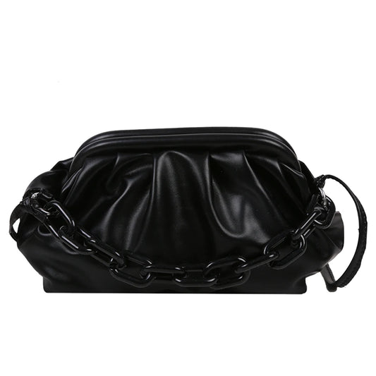Vintage Pleated Female Handbag PU Leather Chain Cloud Shoulder Bag