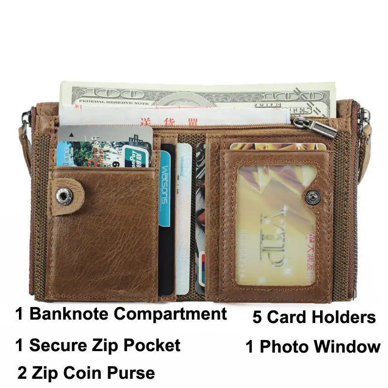 RFID Wallet Men Short Double Zipper Purse Real Leather Wallet