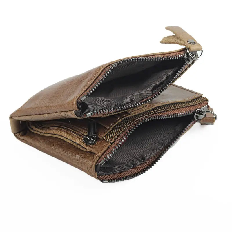RFID Wallet Men Short Double Zipper Purse Real Leather Wallet