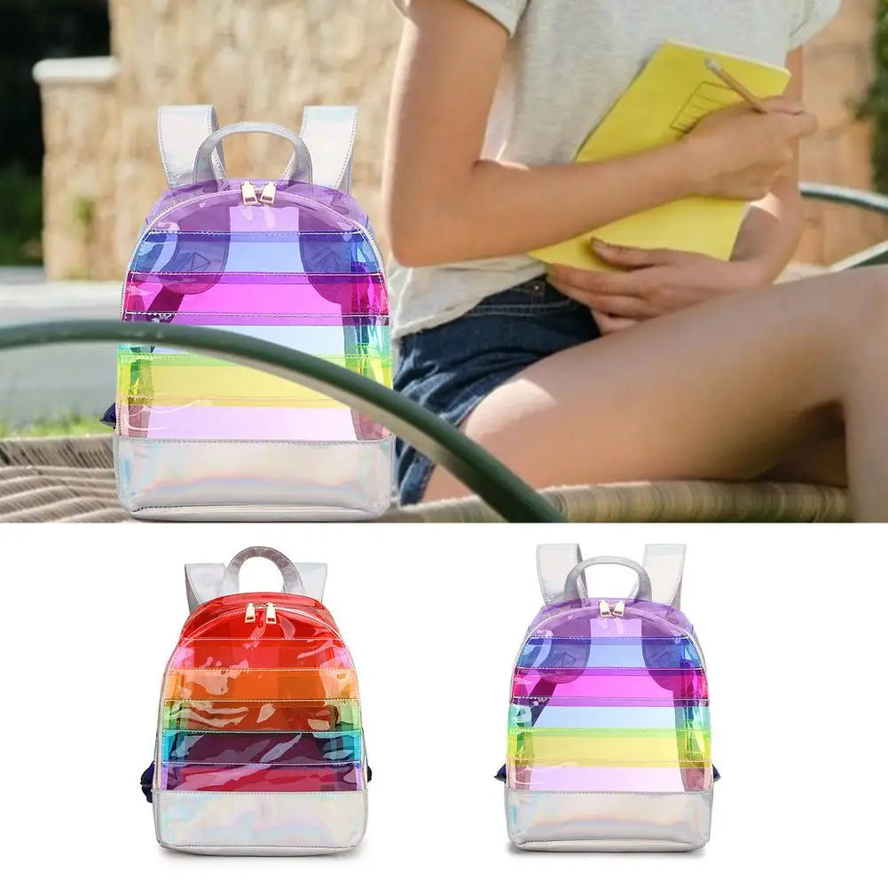 Rainbow Stripe Laser Backpack PVC Transparent Contrast Large-Capacity School Bag