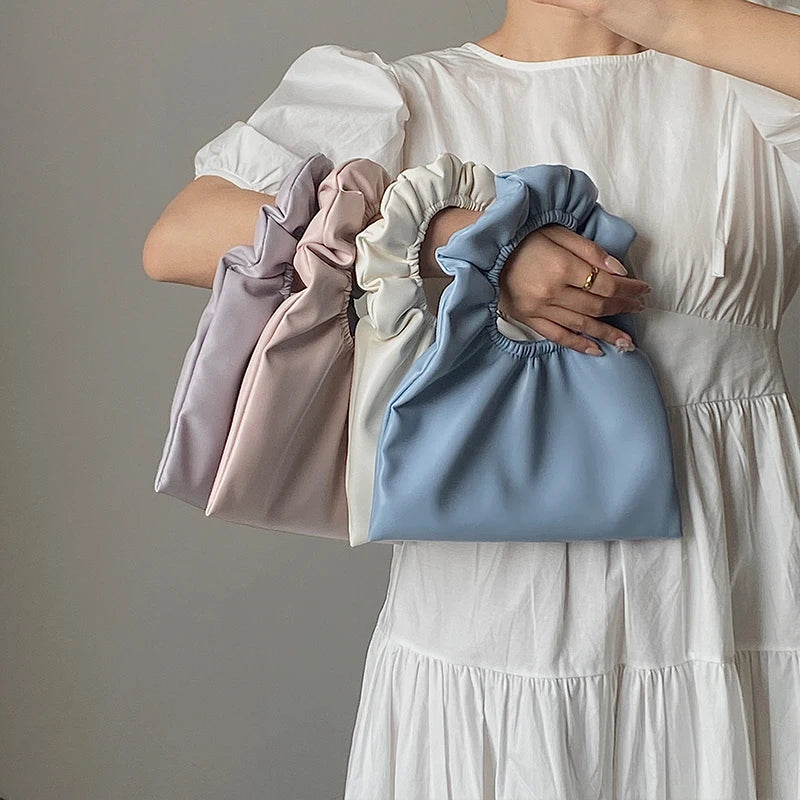 Spring Soft Leather Handbag for Women PU Macaron Pleated Bag Girly Tote Bag