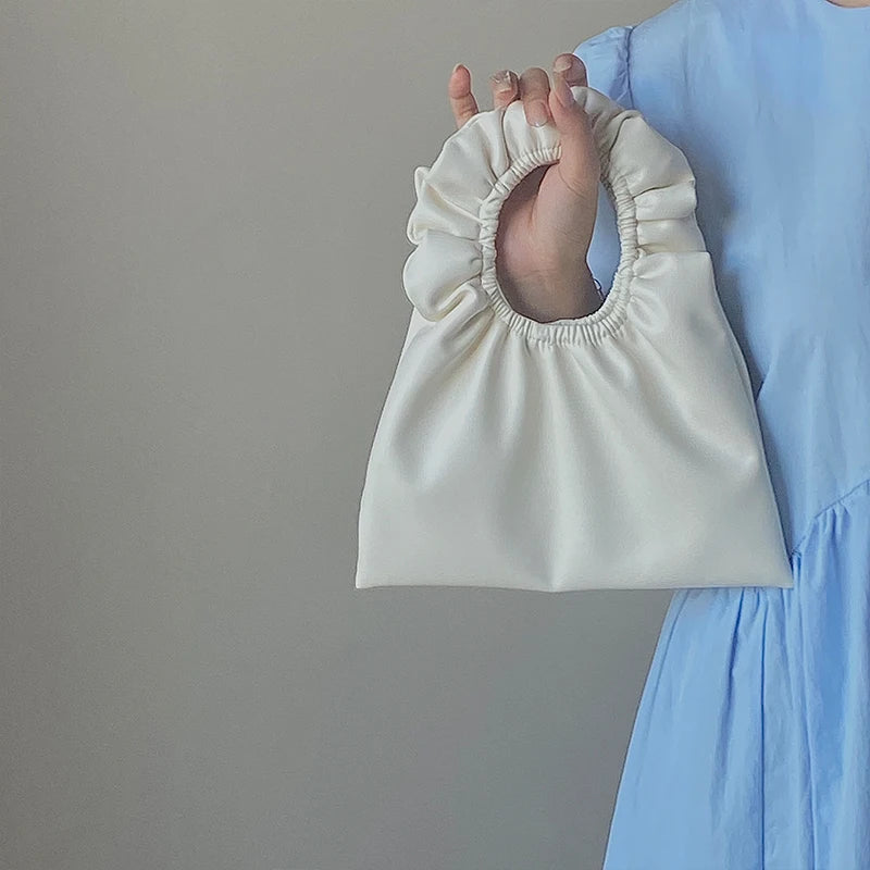 Spring Soft Leather Handbag for Women PU Macaron Pleated Bag Girly Tote Bag