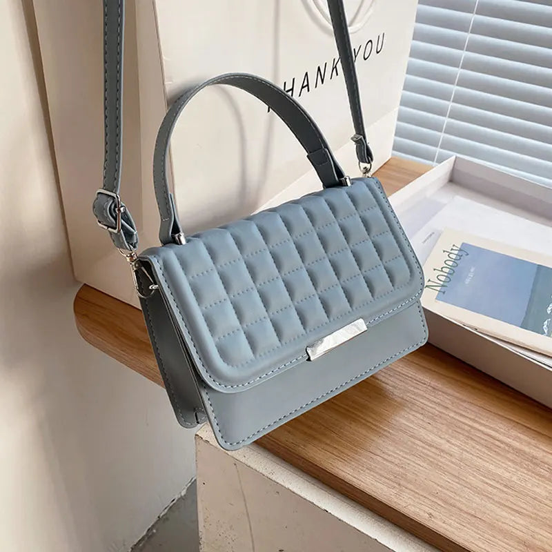 Summer Solid Square Handbags For Women High Pu Leather Shoulder Plaid Female Cro