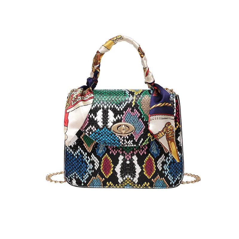 French Retro Snake Pattern Scarf Lock Chain Small Square Bag