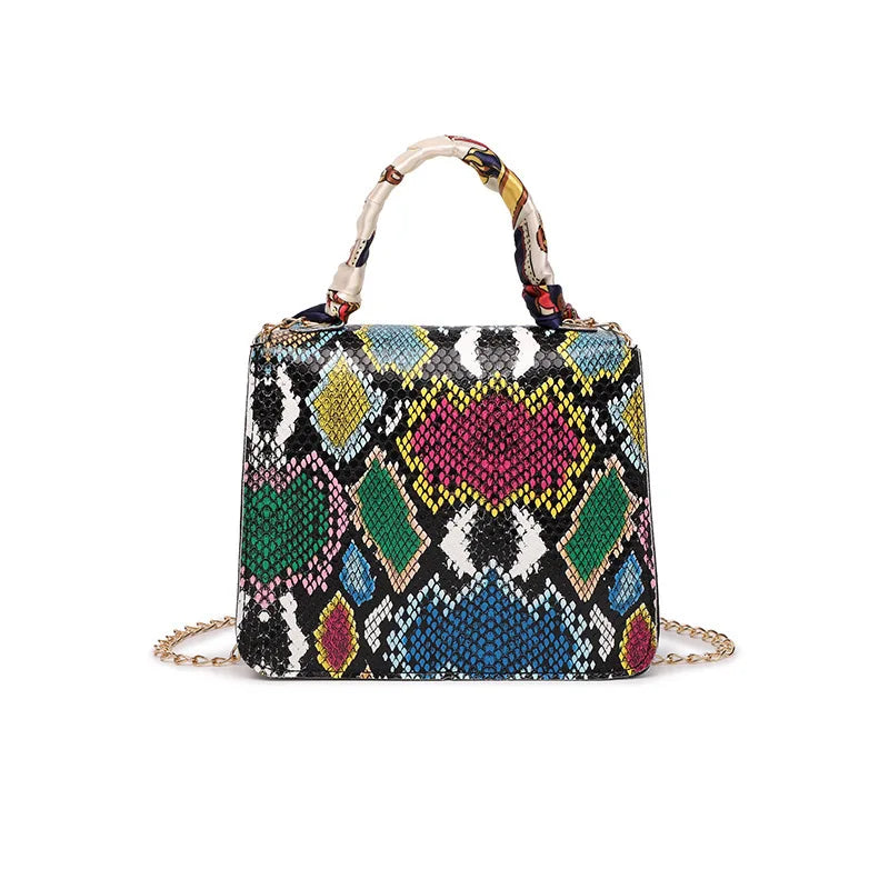 French Retro Snake Pattern Scarf Lock Chain Small Square Bag