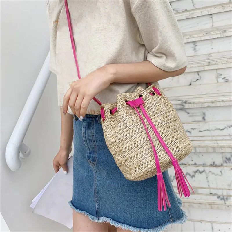 Retro Drawstring Bucket Bag Tassel Shoulder Bag