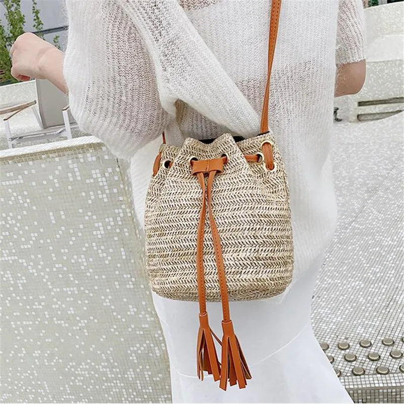 Retro Drawstring Bucket Bag Tassel Shoulder Bag