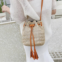 Retro Drawstring Bucket Bag Tassel Shoulder Bag