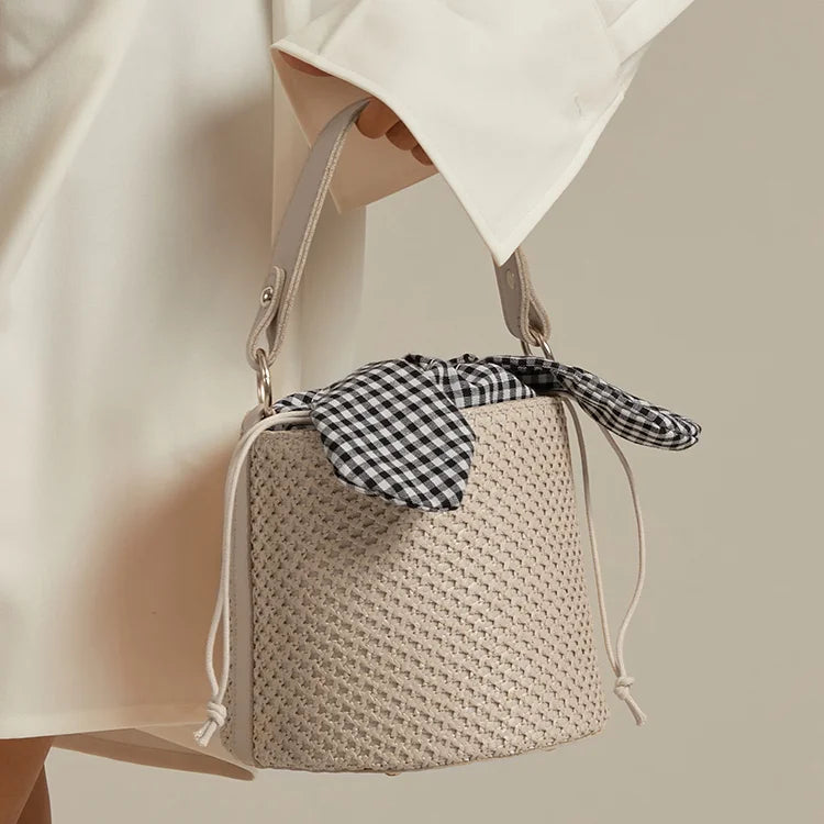 Summer Female Leather Knot Straw Bag Bucket Shoulder Handbag