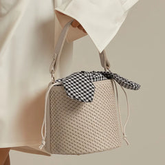 Summer Female Leather Knot Straw Bag Bucket Shoulder Handbag