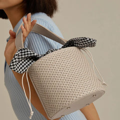 Summer Female Leather Knot Straw Bag Bucket Shoulder Handbag